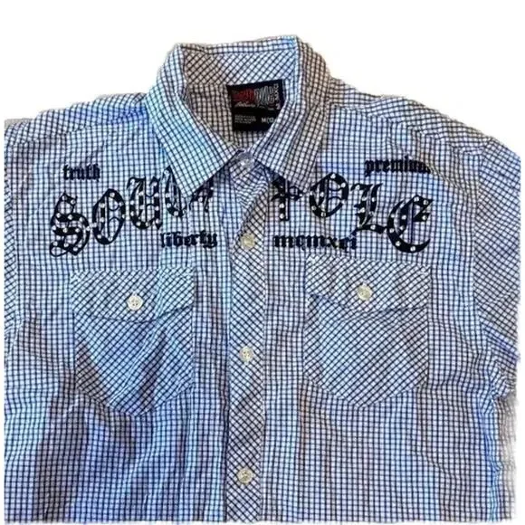 Southpole Casual Shirt Mens Medium Blue White Check Pockets Collared Button Down - Picture 2 of 5